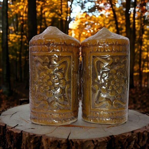 Dickson Carved Pillar Candle Set NEW Gold Japan Sculpted Embossed Retro Floral. - Picture 1 of 16
